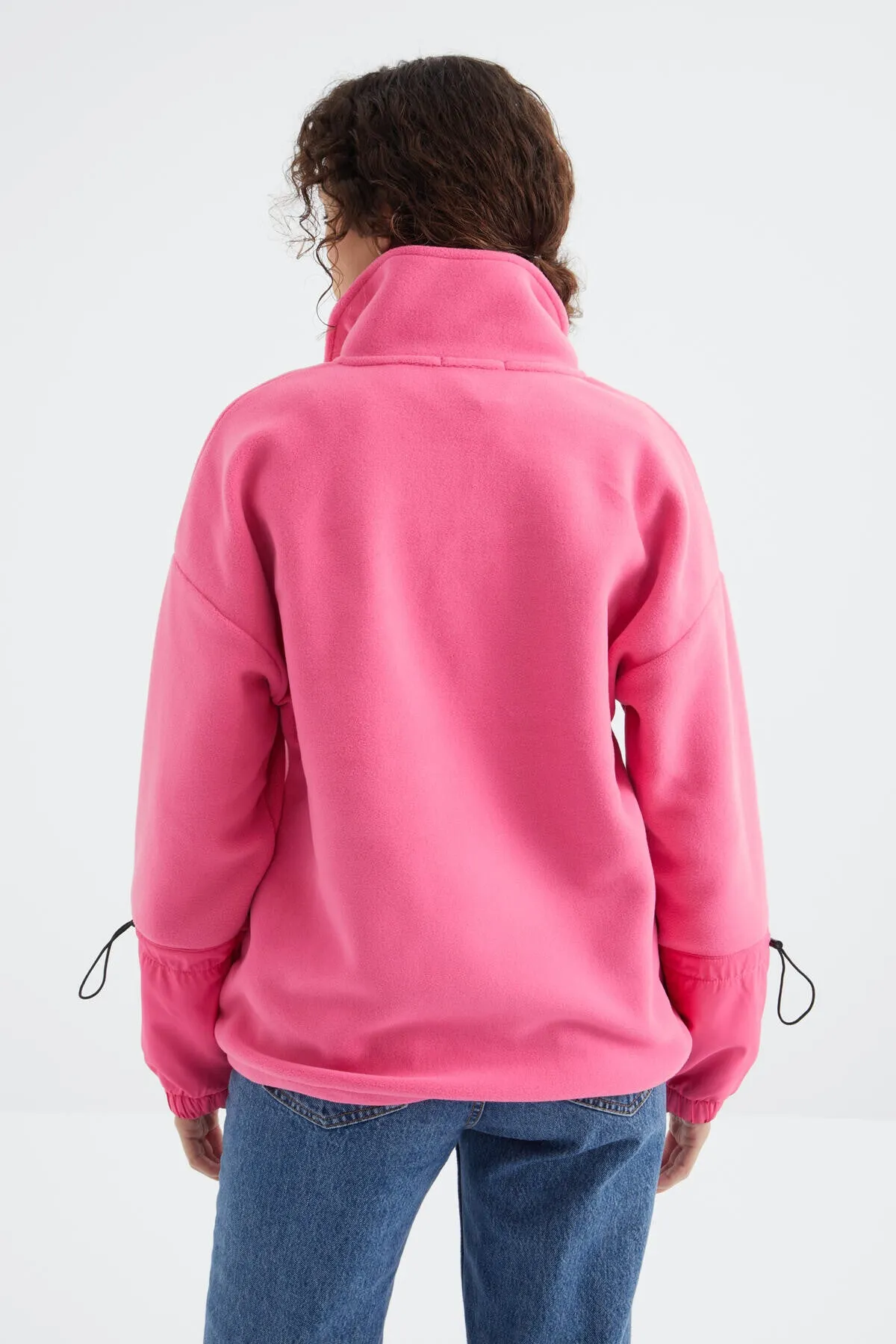 etek ucu büzgülü yarim fermuarli oversize kadin polar sweatshirt - 97238
