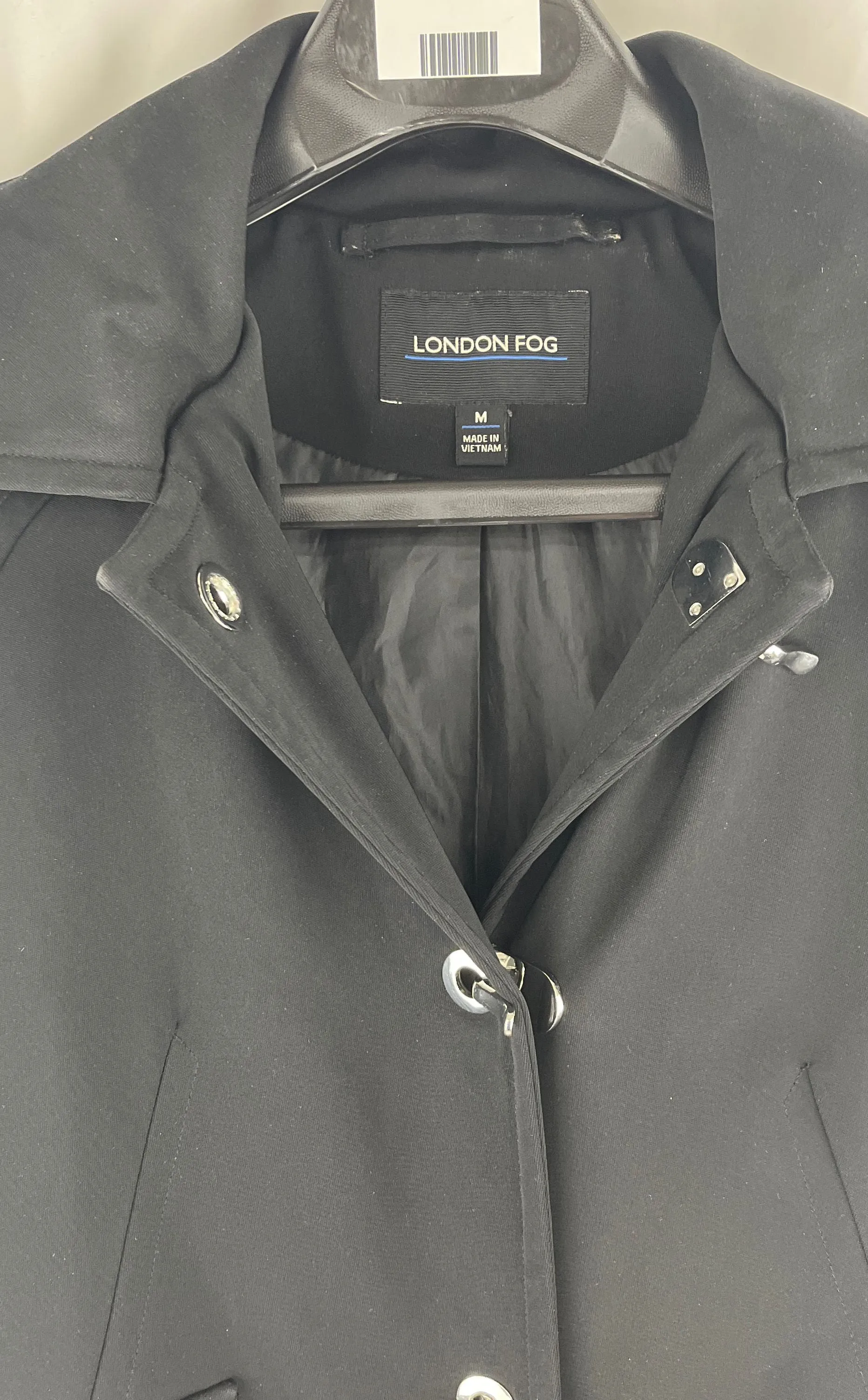 LONDON FOG Black Hooded Trench Coat, Silver Hook & Eye Clamp Closure Size Medium